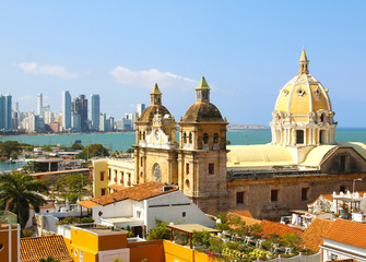 Historic center of Cartagena, Colombia with the Caribbean Sea - obrazy, fototapety, plakaty