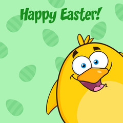 Happy Easter With Smiling Yellow Chick Looking From A Corner