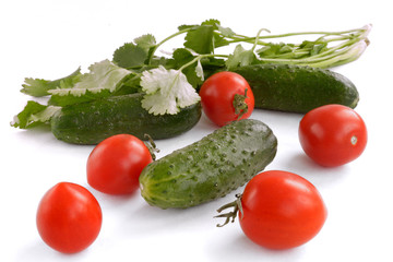 cucumbers, tomatoes and greens