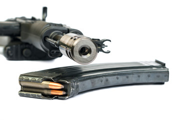 Gun isolated magazine and bullet shells