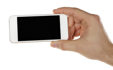 Hand holding mobile smart phone isolated on white
