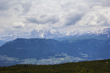 views of the Dolomites from the top of a mountain plateau