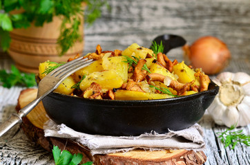 Potato baked with chanterelles,onion and dried herbs.