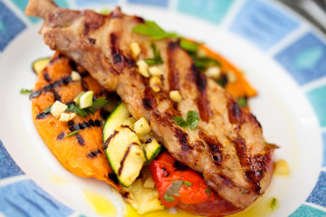 Grilled meat and vegetables.
