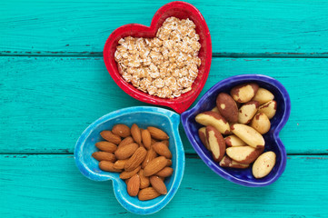 Ceramic heart shape bowls with healthy breakfast items