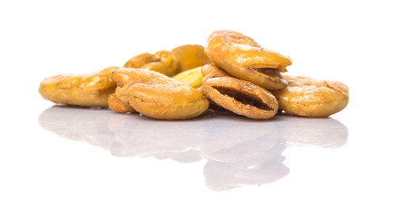 Salted broad beans or vicia faba over white background