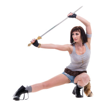young warrior woman holding sword, isolated on white