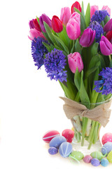 bouquet of   blue hyacinth and  tulips