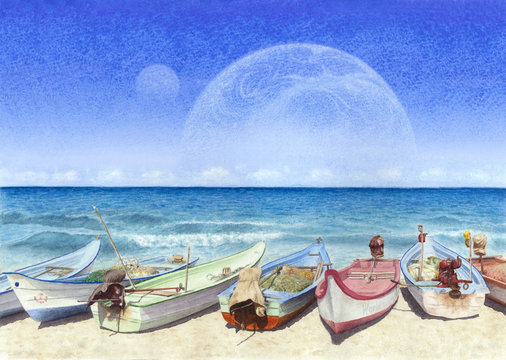 Watercolor painting of boats on the beach in unreal world