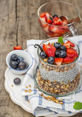 Chia seed pudding made with blueberries, strawberries vanilla