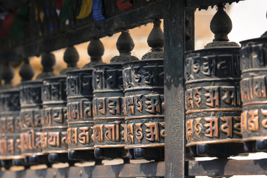 Buddhist prayer wheels, Kathmandu, Nepal.