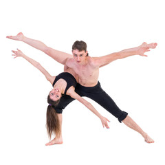 couple man and woman exercising fitness dancing on white