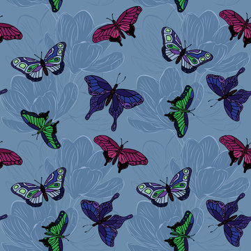 seamless pattern with butterflies on a background of crocuses