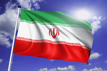 Naklejka na ściany i meble Iran flag with fabric structure against a cloudy sky