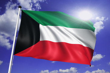 Kuwait flag with fabric structure against a cloudy sky