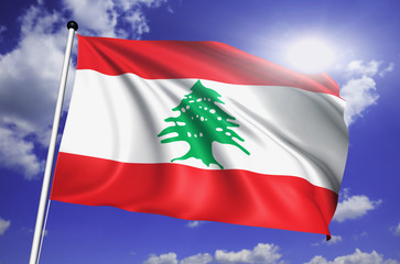 Lebanon flag with fabric structure against a cloudy sky