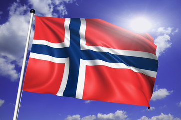 Norway flag with fabric structure against a cloudy sky