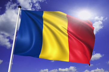 Romania flag with fabric structure against a cloudy sky