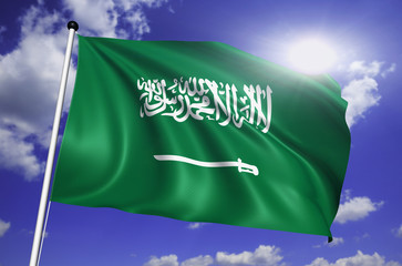 Saud iArabia flag with fabric structure against a cloudy sky
