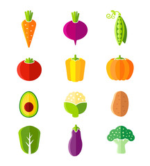 Fresh healthy vegetables in flat style organic icons set