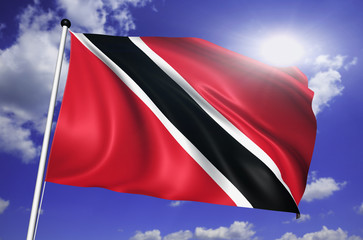 Fototapeta na wymiar Trinidad Tobago flag with fabric structure against a cloudy sky