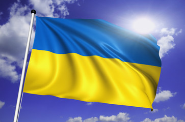 Ukraine flag with fabric structure against a cloudy sky