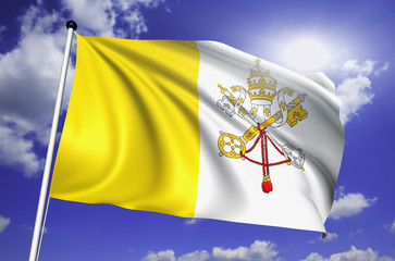 Vatican City flag with fabric structure against a cloudy sky