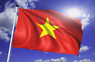 Vietnam flag with fabric structure against a cloudy sky