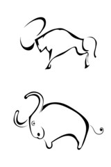 A set of sketches two bull silhouette profile. Isolated. Vector