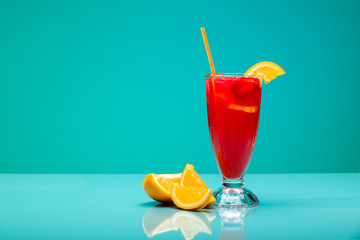 Strawberry cocktail with garnish. Studio shot, copy space