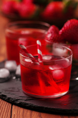 Fresh strawberry cocktail on the wooden table