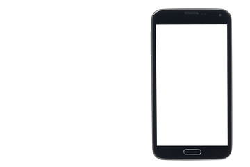 Black smartphone with silver edges and white screen isolated