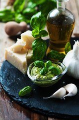 Italian traditional pesto with basil, chesse and oil