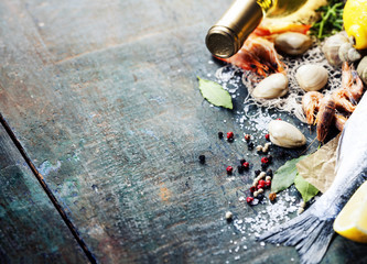 Food background with Seafood and Wine