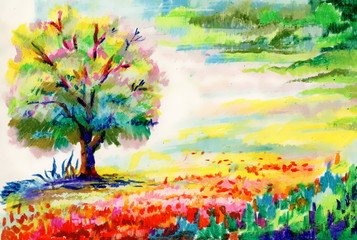 Obraz na płótnie Canvas Hand drawn flowers and tree