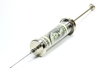 Geldspritze mit 1 US-Dollar isoliert auf wei&szlig;em Hintergrund