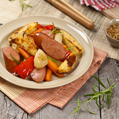 Roasted Potato and Sausage Dinner. Selective focus.