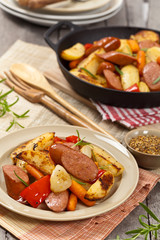 Roasted Potato and Sausage Dinner. Selective focus.