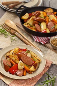 Roasted Potato and Sausage Dinner. Selective focus.