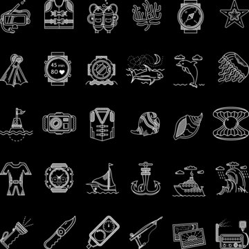Scuba diving white line icons collection