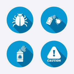 Bug disinfection signs. Caution attention icon.