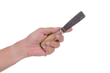 tan skin hand male with with putty knife, isolated on white back