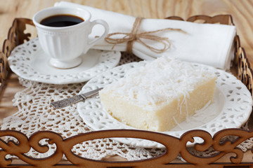 Sweet couscous (cuscuz doce) pudding, coconut and coffee pudding