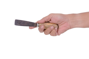 tan skin hand male with with putty knife, isolated on white back