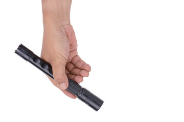 tan skin hand male with Flashlight Black, isolated on white back