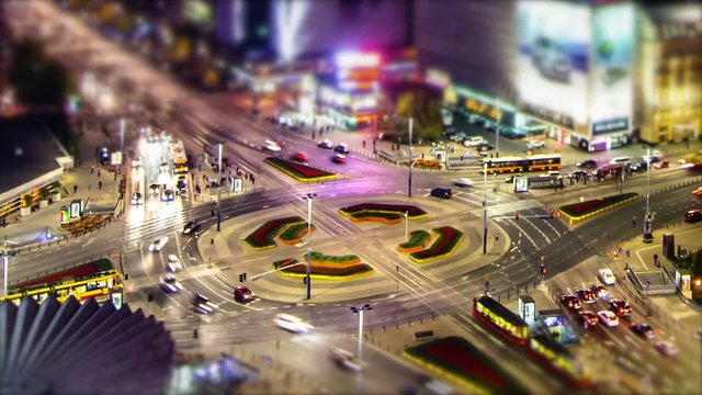 Night lights on busy street with heavy traffic modern city