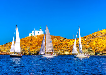 sailing boats in a regatta in Aegean sea in Greece. HDR