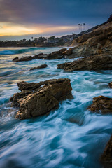 Rocks and waves in the Pacific Ocean at sunset, at Monument Poin