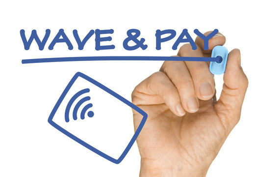 Hand with Pen Writing Wave and Pay Credit Card System