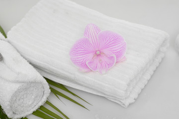 Obraz na płótnie Canvas Orchid and palm on towel